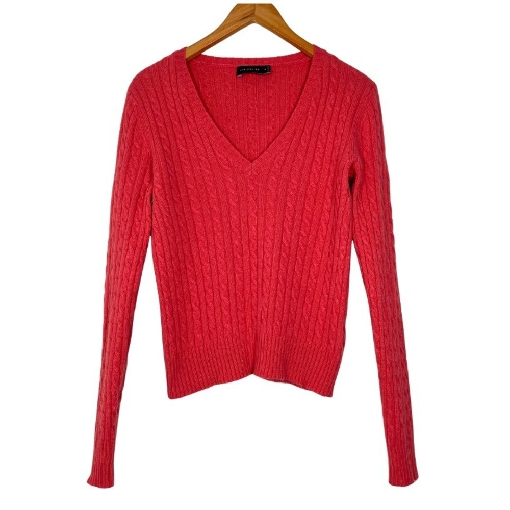 The Limited Coral Pink Wool Cashmere Angora Cable Knit V-Neck Sweater‎ Sz M Y2K